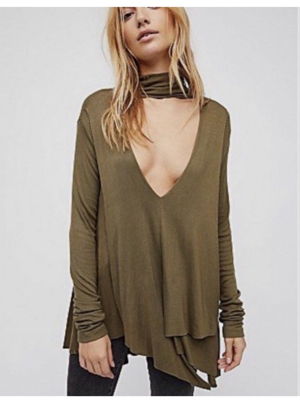 Free People Uptown Choker Green Long Sleeve Cutout Mock Neck Tunic Top Sz L